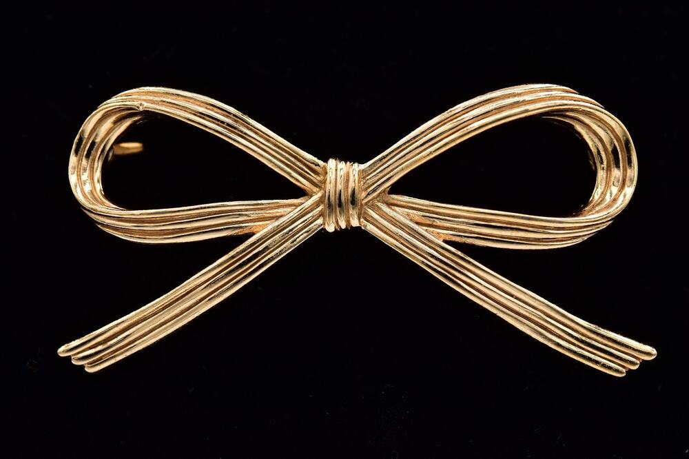Crown Trifari Vintage Gold Tone Bow Brooch Ribbon Pin Mid Century Signed BinBI